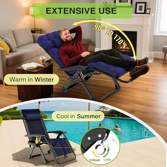 Suteck Zero Gravity Chair, Reclining Camping Lounge Chair w/Removable Cushion, Upgraded Lock and Cup Holder - Photo 3