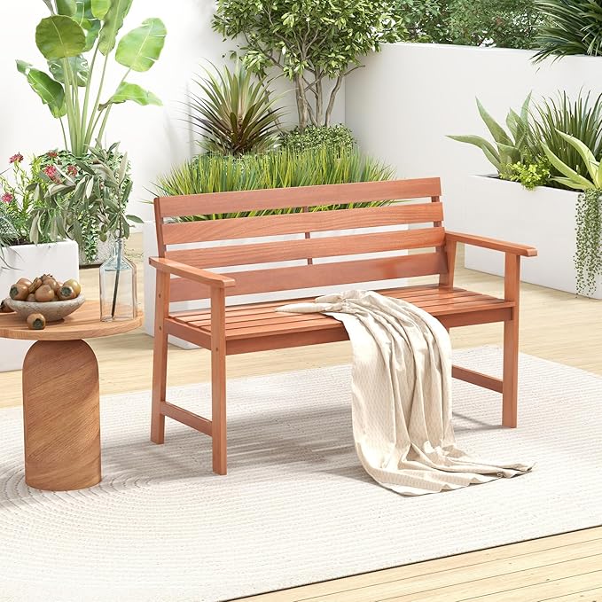 Tangkula 48 Inch Hardwood Outdoor Bench with Backrest, Wood Patio Loveseat Chair with Breathable Slatted Seat & Backrest, Ergonomic Outside Bench for Backyard, Balcony, Garden & Porch