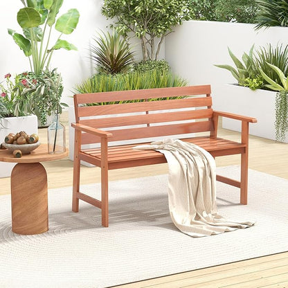Tangkula 48 Inch Hardwood Outdoor Bench with Backrest, Wood Patio Loveseat Chair with Breathable Slatted Seat & Backrest, Ergonomic Outside Bench for Backyard, Balcony, Garden & Porch