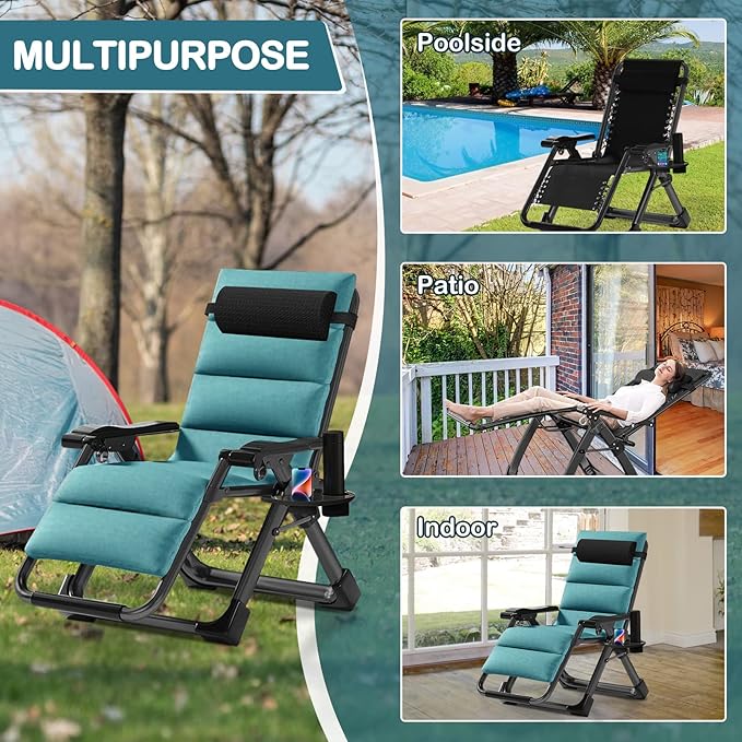 NAIZEA Padded Zero Gravity Chair, Folding Outdoor Lounge Chairs, Adjustable Reclining Camping Chairs with Cup Holder - Photo 3
