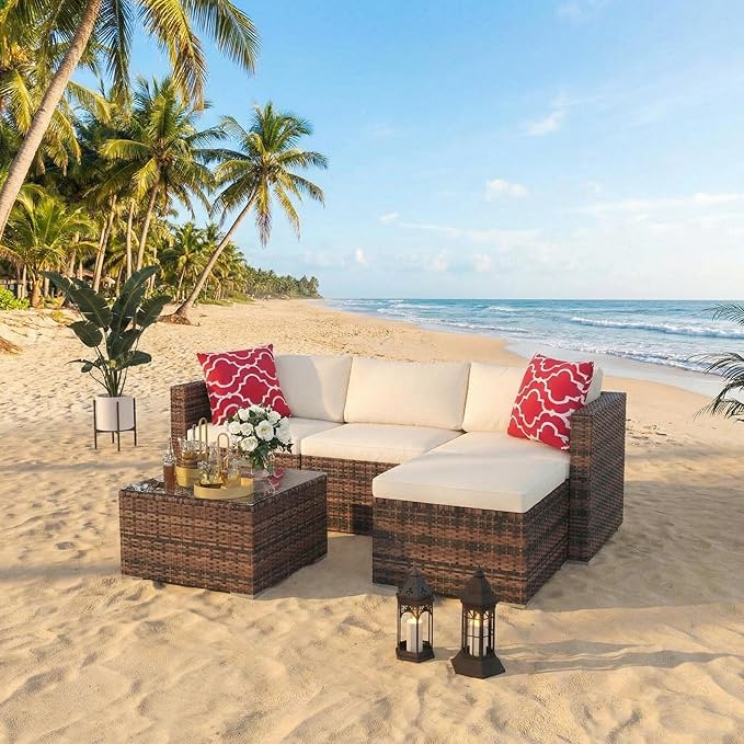 5-Piece Patio Sectional Sofa Set, All-Weather Brown PE Rattan Outdoor Conversation Furniture with Neutral-Tone Cushions - Photo 7