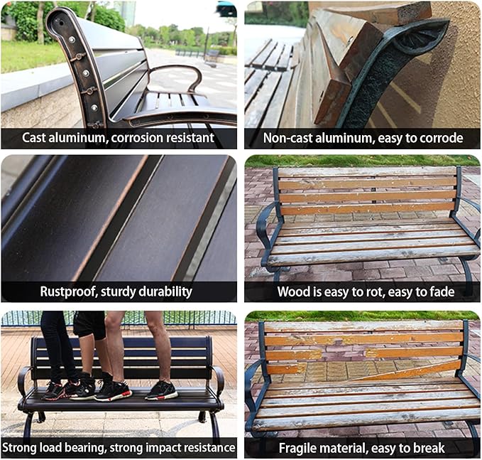 Outdoor Bench Chair Cast Aluminum Park Bench Large All Weather Metal Garden Bench for Backyard Porch Lawn (150cm White Bench)