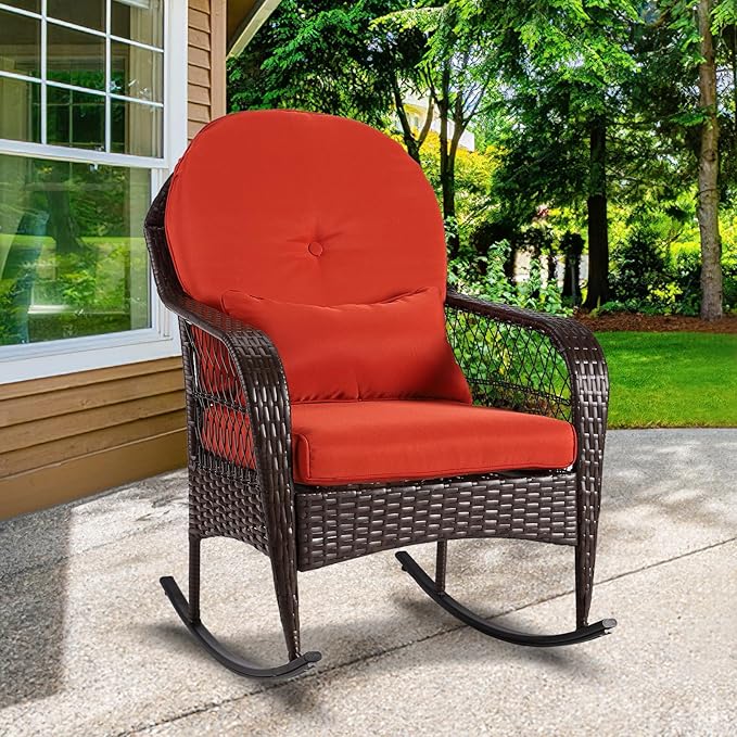 Outdoor Wicker Rocking Chair, All Weather PE Rattan Rocker with Cushion & Pillow, Outdoor Rocking Furniture for Garden, Porch, Backyard, Poolside (Brown Rattan+ Orange Cushion)