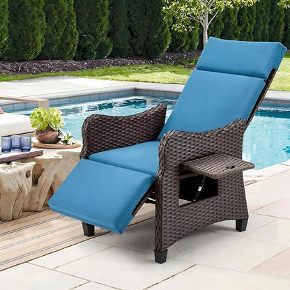 HOMREST Outdoor Recliner Chair with Flip-up Table, Wicker Reclining Chair with 150° Adjustable Backrest, Rattan Armchair with Integrated Footstool & Removable Cushion for Gardens, Navy Blue