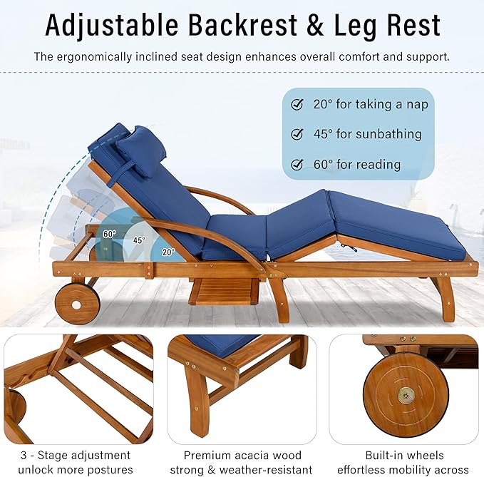 LUMISOL 77.5” Acacia Wood Chaise Lounge Chair, Patio Outdoor Chaise Lounge with Cushions, Adjustable Backrest, Leg Rest, Headrest, Retractable Side Tray for Patio, Pool, Garden, Navy Blue