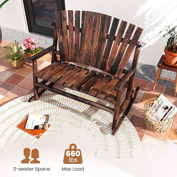 Tangkula 2-Person Wood Outdoor Rocking Chair, Outside Adirondack Rocker with High Back and Slatted Seat, Oversized Porch Rocking Chair for Balcony, Garden, Backyard, Patio