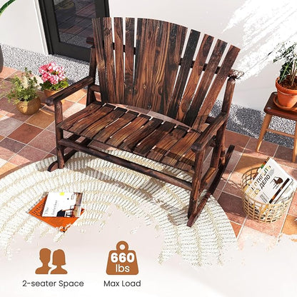 Tangkula 2-Person Wood Outdoor Rocking Chair, Outside Adirondack Rocker with High Back and Slatted Seat, Oversized Porch Rocking Chair for Balcony, Garden, Backyard, Patio