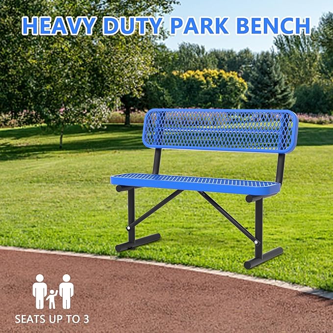 48" Metal Park Benches for Outside - Blue Outdoor Benches Heavy Duty Garden Weatherproof Bench with Backrest, Buddy Bench for Schools,Commercial Benches for Shopping Mall, Store, Yard, Patio