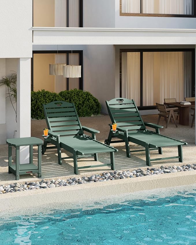 Chaise Lounge Chair Outdoor with Wheels, Adjustable 5-Position Chaise Lounge Outdoor with Wood Texture, Patio Lounge Chair for Poolside Backyard, Green