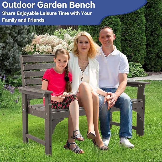 Outdoor Bench Weatherproof - HDPE 2-Person Garden Bench with Cup Holders, Bench Furniture with Backrest and Armrests - Photo 2