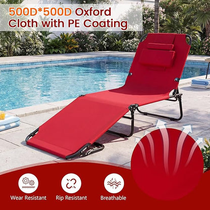 Tangkula Beach Lounge Chair, Folding Sunbathing Recliner with Face Hole, Face Down Tanning Chair with 4-Level Adjustable Backrest & 3 Removable Pillows, Chaise Lounge Chair for Patio (2, Red)