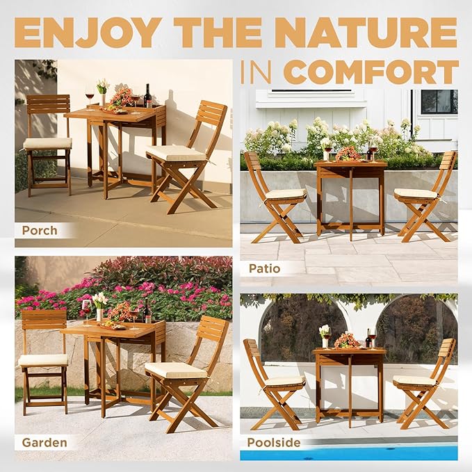 IDZO Natural 3-Piece Bistro Set: Foldable 400lbs Chairs, 220lbs Shelf Table, FSC Acacia Wood, Washable Cushions - Photo 6