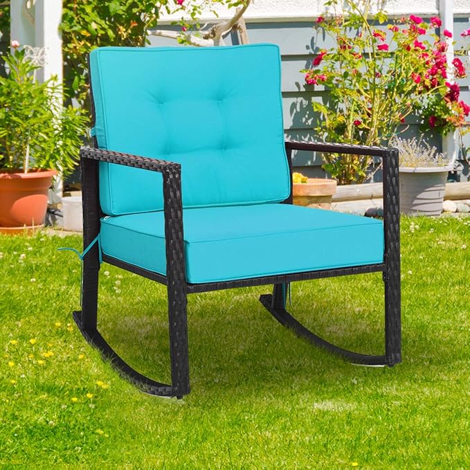 Tangkula Wicker Rocking Chair, Outdoor Glider Rattan Rocker Chair with Heavy-Duty Steel Frame, Patio Wicker Furniture Seat with 5” Thick Cushion for Garden, Porch, Backyard, Poolside (2, Turquoise)