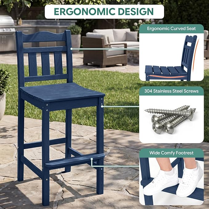 5-Piece Outdoor Bar Set, HDPE Adirondack Bar Height Chairs Set of 4 and Round Pub Table, All Weather Outdoor Patio Bar Furniture for Bistro, Deck, Balcony, Poolside (Navy Blue)