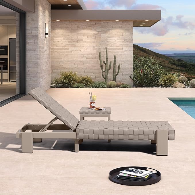 PURPLE LEAF Patio Lounge Chair Modern Outdoor PU Leather Style Chaise Lounge 1 Piece with Side Table Adjustable Backrest Aluminum Luxury Chaise Lounge Chairs for Pool Garden Backyard Beach, Tapue