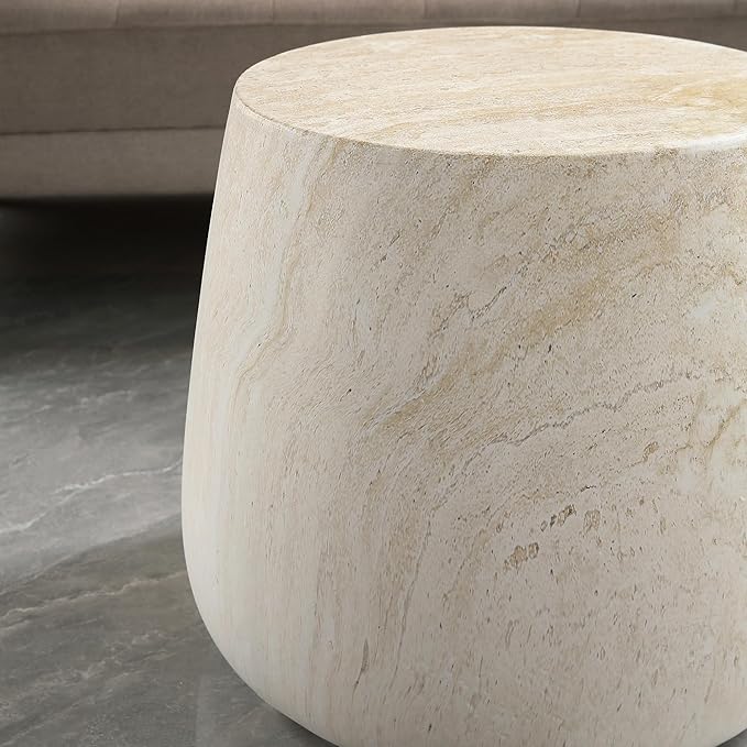 Outdoor Side Table Round Concrete End Table Faux Stone Side Tables Travertine Small Coffee Tables for Indoor Outdoor, Garden Stool Plant Stand for Porch Backyard Patio Faux Marble-Barrel