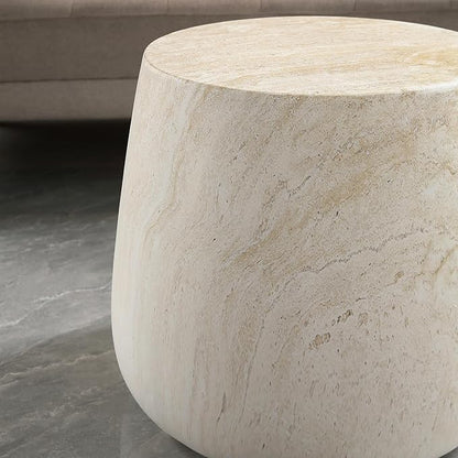 Outdoor Side Table Round Concrete End Table Faux Stone Side Tables Travertine Small Coffee Tables for Indoor Outdoor, Garden Stool Plant Stand for Porch Backyard Patio Faux Marble-Barrel