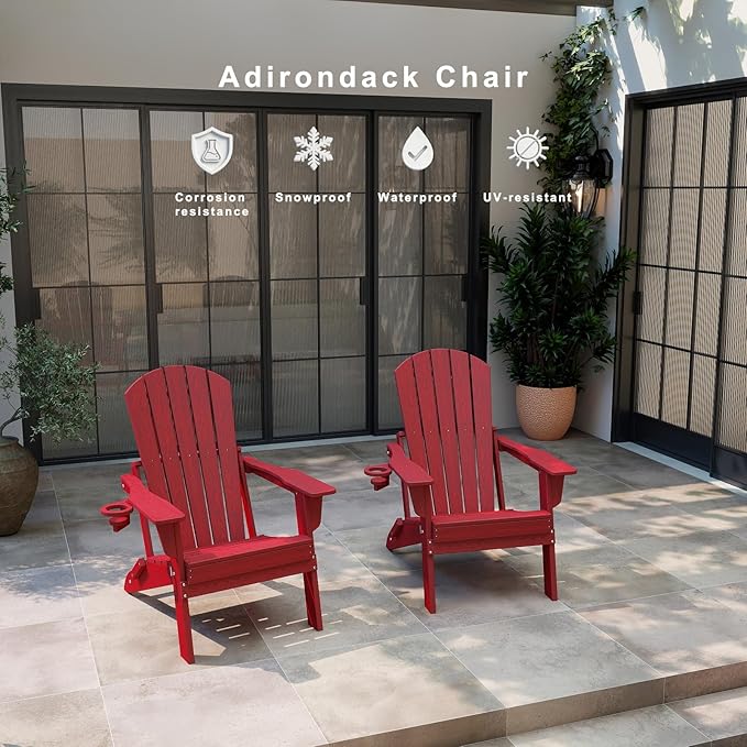 Folding Adirondack Chair Set of 4，Wooden Textured Fire Pit Chair with Cup Holder, Heavy All-Weather HDPE Plastic Outdoor Patio Chairs for Poolside Backyard Patio Outdoor Garden
