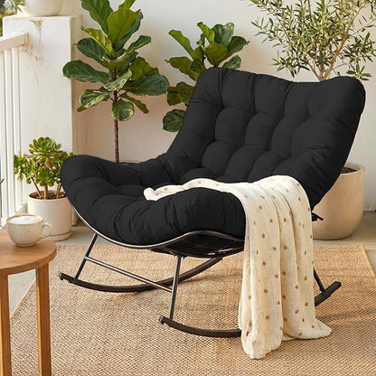 Cushioned Papasan Rocking Chair for Outdoor Indoor, Oversized Outdoor Rocking Chair with Cushion, Egg Rocker for Patio, Porch, Balcony, Lawn, Bedroom, Living Room, Black