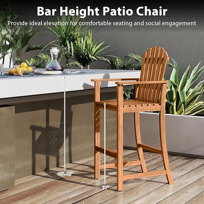 Tangkula Tall Adirondack Chair, Outdoor Acacia Wood Bar Stool with Back, Armrests and Footrest, Bar Height Patio Chair for Balcony, Porch, Deck and Backyard (1,Natural)