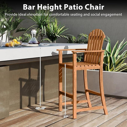 Tangkula Tall Adirondack Chair, Outdoor Acacia Wood Bar Stool with Back, Armrests and Footrest, Bar Height Patio Chair for Balcony, Porch, Deck and Backyard (1,Natural)