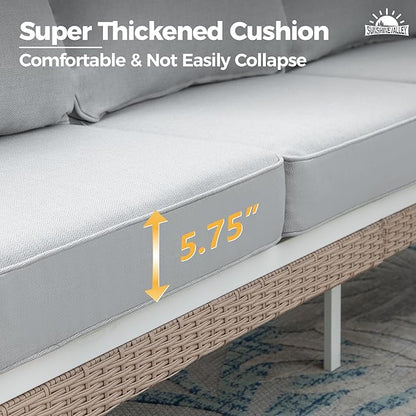 Metal Patio Furniture Sofa with 5.75" Extra Thick Cushion, 3-Seater Deep Seating & High-Back White Frame Outdoor Couch All Weather Outdoor Seating for Deck Gazebo Porch, Light Gray