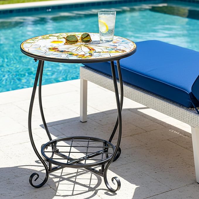 Outdoor Patio Side Table - 14" Metal Small Round Coffee Tables - Photo 2