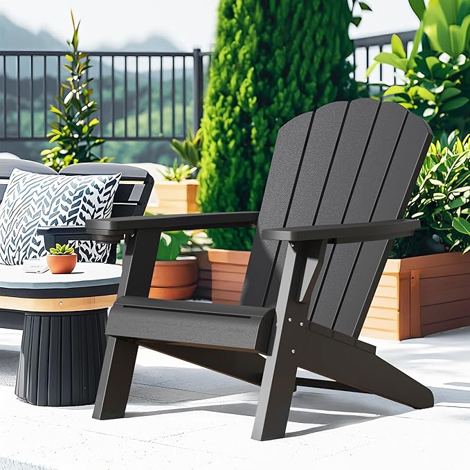 NUNU LAB Oversized Adirondack Chair Weather Resistant with Cup Holder, Black Outdoor Patio Chair, HDPE Adirondack Chairs for Patio, Law, Garden, Camping - Easy Installation