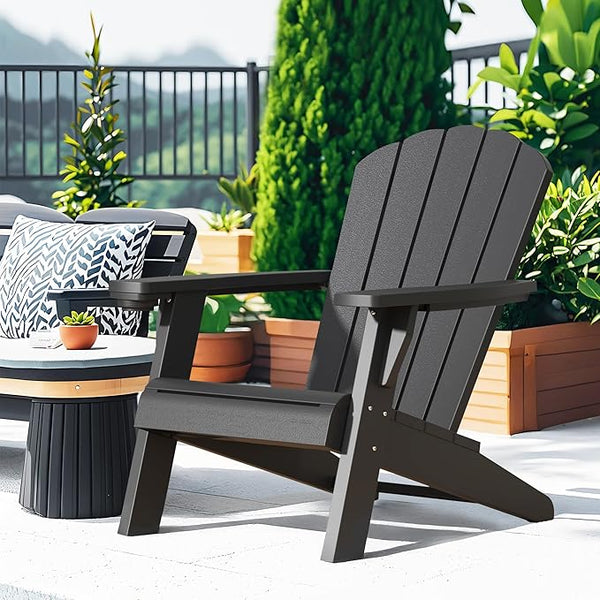 NUNU LAB Oversized Adirondack Chair Weather Resistant with Cup Holder, Black Outdoor Patio Chair - Photo 1