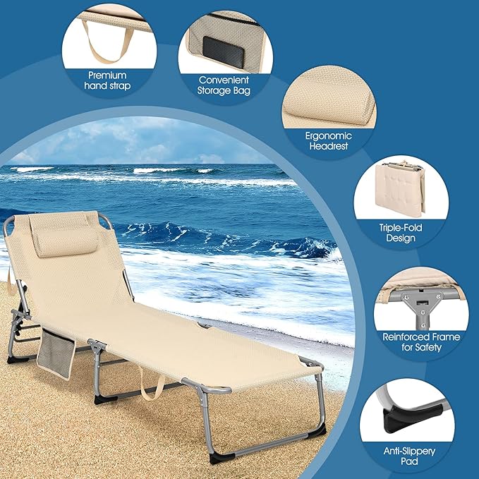 Giantex Lounge Chair Chaise Lounger, Beach Recliner with Mattress, 4 Adjustable Reclining Position, Pillow, Side Pocket for Beach, Sunbathing, Patio, Pool, Lawn, Deck Folding Camping Cot (1, Beige)