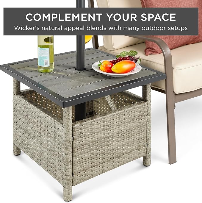 Best Choice Products Wicker Side Table with Umbrella Hole, Square PE Rattan Outdoor End Table for Patio, Garden, Poolside, Deck w/UV-Resistant Frame, Storage Space - Gray