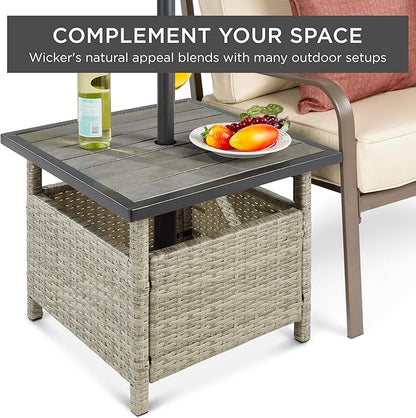 Best Choice Products Wicker Side Table with Umbrella Hole, Square PE Rattan Outdoor End Table for Patio, Garden, Poolside, Deck w/UV-Resistant Frame, Storage Space - Gray