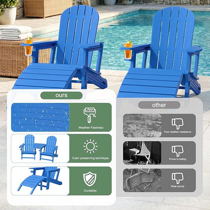 JY QAQA Outdoor Adirondack Chair Set of 2 with Detachable Table & Ottoman, All-Weather HDPE Patio Furniture with Wood Texture & Cup Holder for Patio, Poolside, Garden, Blue