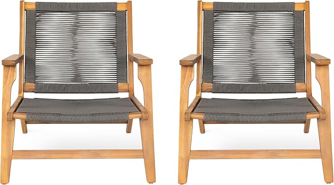 Christopher Knight Home Veera Patio Lounge Chair Set of 2, Acacia Wood Frame, Handwoven Rope, Mid-Century Modern, Dark Grey & Teak