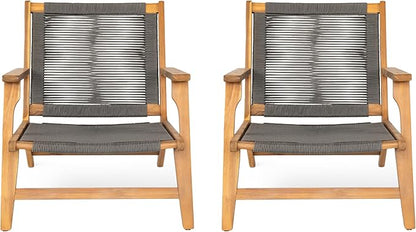 Christopher Knight Home Veera Patio Lounge Chair Set of 2, Acacia Wood Frame, Handwoven Rope, Mid-Century Modern, Dark Grey & Teak