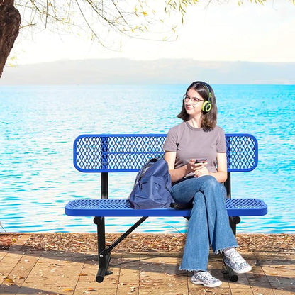Heavy-Duty Park Bench for Outside - Black Coated Outdoor Furniture Steel Bench, Commercial-Grade Outdoor Benches Weatherproof for Park, Patio, Porch (Portable with Back) (Blue, 4FT)