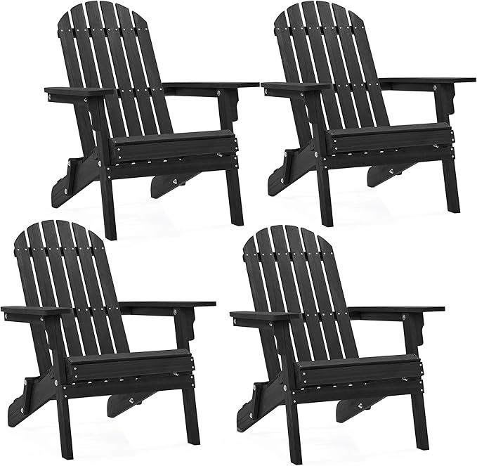 Yaheetech Folding Adirondack Chair Set of 4 Outdoor, 300LBS Solid Wood Garden Chair Weather Resistant, Fire Pit Lounge Chairs for Garden/Yard/Patio/Lawn, Black