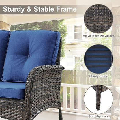 Belord 7 Piece Outdoor Patio Furniture Sets with Rocking Chairs, Wicker Loveseat Conversation Sets for Patio Deck Backyard Poolside, Blue Cushion