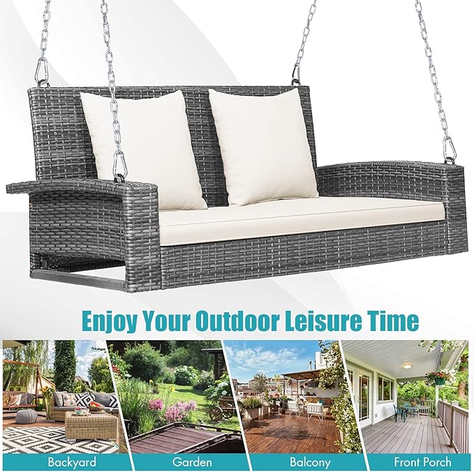 RELAX4LIFE 2-Person Porch Swing Bench - PE Rattan Outdoor Swing Chair with Comfortable Seat & Back Cushions - Photo 9