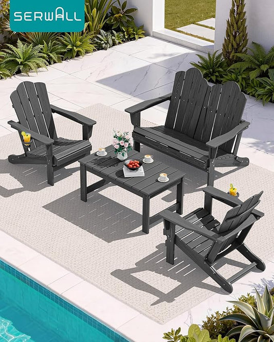 SERWALL Adirondack Bench, HDPE All-Weather Adirondack Loveseat, Outdoor Adirondack Chair for 2, Grey