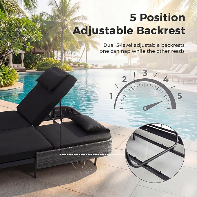 RADIATA 51.2" Outdoor Loveseat Sofa Bed, PE Wicker Patio Daybed with 2-Person Double Chaise Lounge - Photo 5