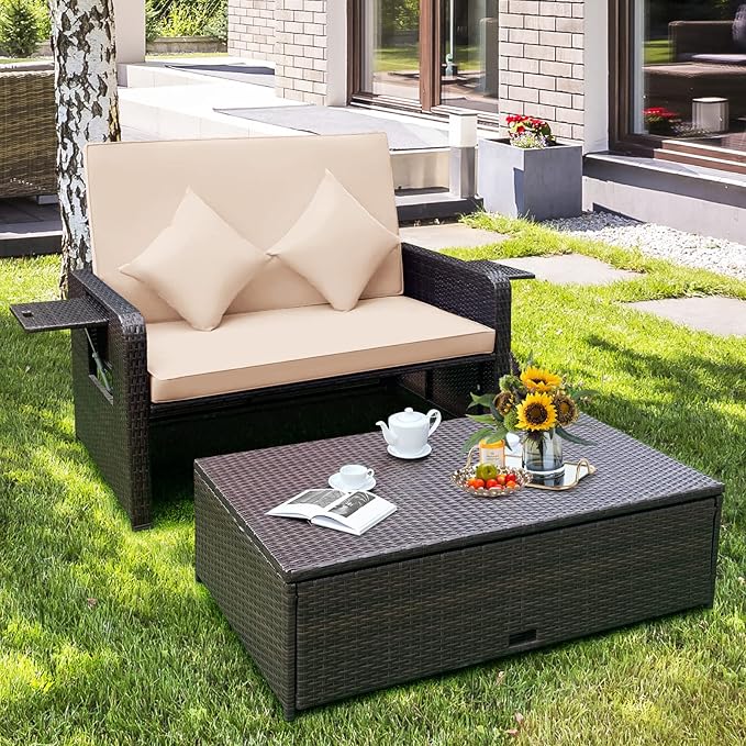 COSTWAY Patio Rattan Daybed with Cushions, Outdoor Wicker Loveseat Sofa with Storage Ottoman - Photo 5
