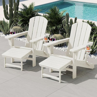 KINGYES Folding Adjustable Adirondack Chair with Ottoman & 2 Cup Holders, HDPE Adirondack Recliner Chair with Footrest, White