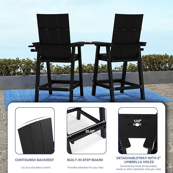FOOWIN Tall Adirondack Chairs Set of 8,HDPE Adirondack Bar Stools with Connecting Tray & Cup Holders,Weather Resistant Balcony Chair for Outdoor Deck Lawn Pool Backyard Black