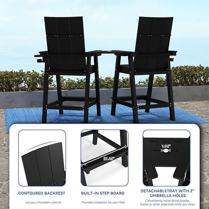 FOOWIN Tall Adirondack Chairs Set of 2,HDPE Adirondack Bar Stools with Connecting Tray & Cup Holders,Weather Resistant Balcony Chair for Outdoor Deck Lawn Pool Backyard Black
