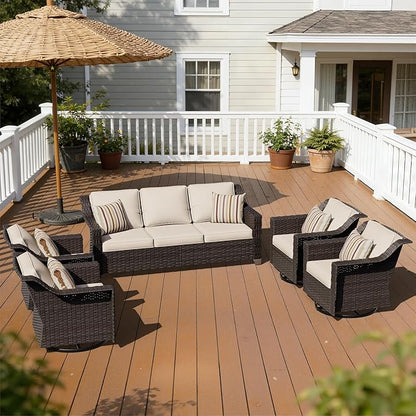 5 Pieces Patio Conversation Furniture Set - 1 Sofa, 4 Swivel Chairs, Outdoor Wicker Furniture with Removable Cushions for Porch, Balcony, Sunroom (Beige)