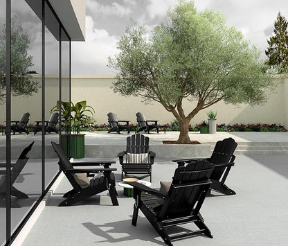 FOOWIN Adjustable Adirondack Chair with Retractable Ottoman Set of 8, Folding Adirondack Chair with Cup Holder, HDPE All-Weather Fire Pit Chair for Patio, Yard, Poolside, Black