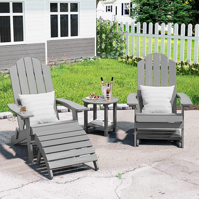 MXIMU Folding Adirondack Ottoman Set of 4: HIPS Plastic Outdoor Footrest Easy Assembly - All Weather Foot Stool Foot Rest for Adirondack Chair Use in Patio Garden Backyard Pool (Grey)