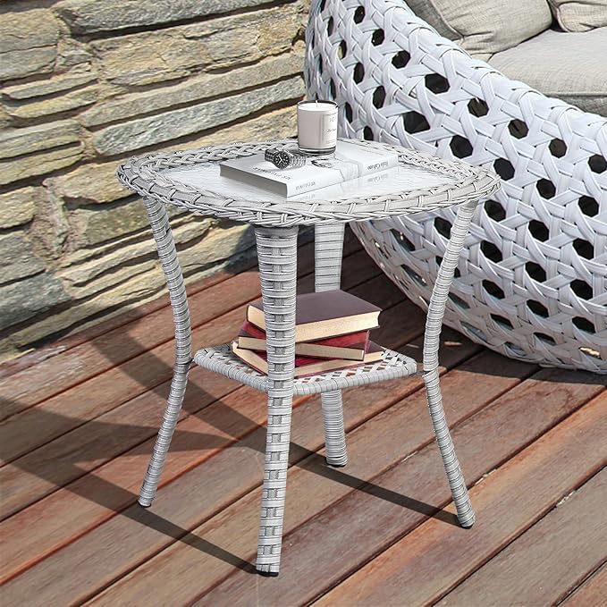 Patio Wicker Side Table, Outdoor PE Rattan End Table with 5mm Tempered Glass Top and 2-Tier Storage Shelf - Photo 3