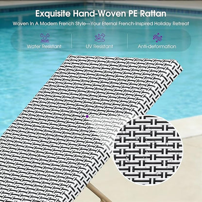 PURPLE LEAF Extra Large Patio Chaise Lounge 2 Pieces French Outdoor Wicker Lounger Matte White Aluminum Frame 771LBS Capacity PE Rattan Adjustable Backrest for Pool Garden Beach Backyard White